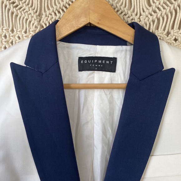 Equipment Femme White & Navy Wool-Blend Blazer Jacket | Size 2 - Picture 6 of 15